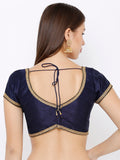 Navy Blue Embellished V-Neck Readymade Saree Blouse (Short Sleeve)