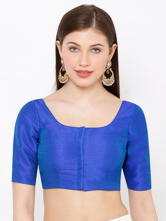 Blue Scoop Neck Elbow Sleeve Readymade Saree Blouse