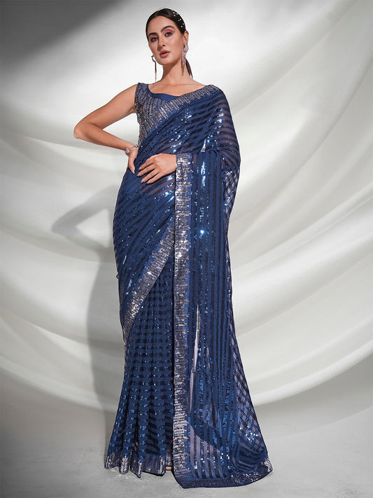 Royal Dusk Teal Blue Sequin Georgette Saree with Silver Lace Border