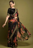 Black Floral Georgette Saree with Golden Embroidered Border