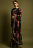 Black Floral Georgette Saree with Golden Embroidered Border
