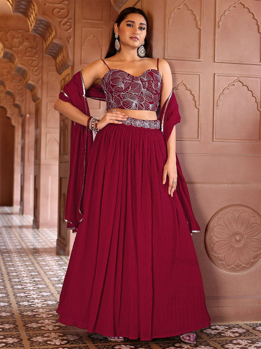 Elegant Red Georgette Lehenga with Embroidered Bustier & Dupatta