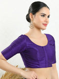 Purple Boat Neck Elbow Sleeve Readymade Saree Blouse in Silk Blend