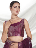 Solid Wine Sequin Georgette Saree with Gold Lace Border For Women