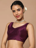 Purple V-Neck Sleeveless Readymade Saree Blouse in Silk Blend