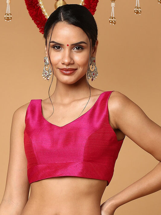 Hot Pink V-Neck Sleeveless Readymade Saree Blouse in Silk Blend