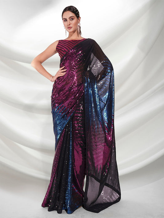 Galaxy Gleam Sequin Saree – Dual-Tone Pink & Blue with Black Sheer Pallu