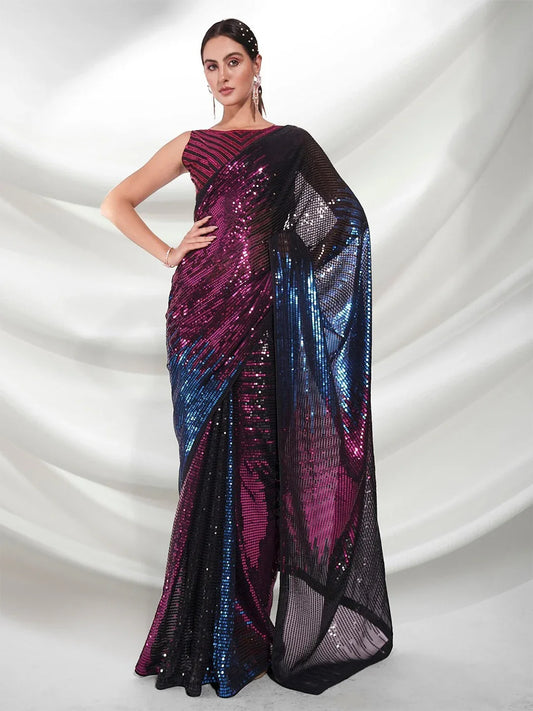 Woman wearing a sparkling saree with a white background Glanzavi