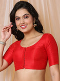 Red Boat Neck Elbow Sleeve Readymade Saree Blouse in Silk Blend