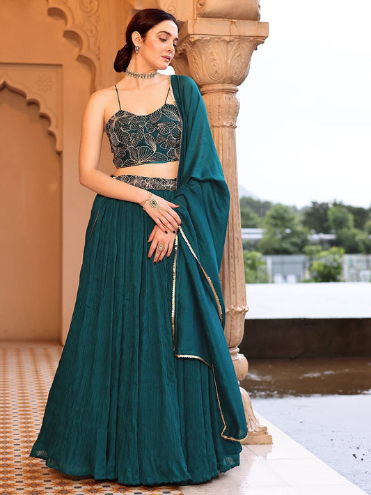 Teal Green Georgette Lehenga with Embroidered Bustier & Dupatta
