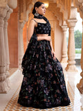 Noir Bloom Black Lehenga Set with Printed Skirt & Cowl Neck Blouse