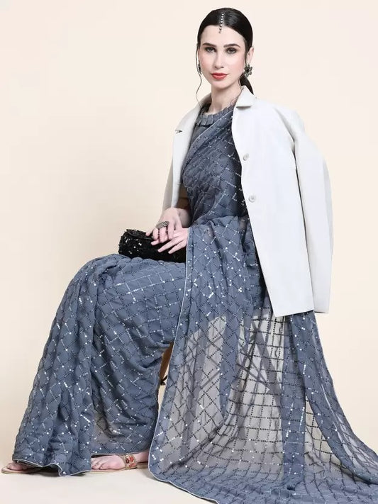 Grey Sequin Georgette Saree with Geometric Diamond Embroidery