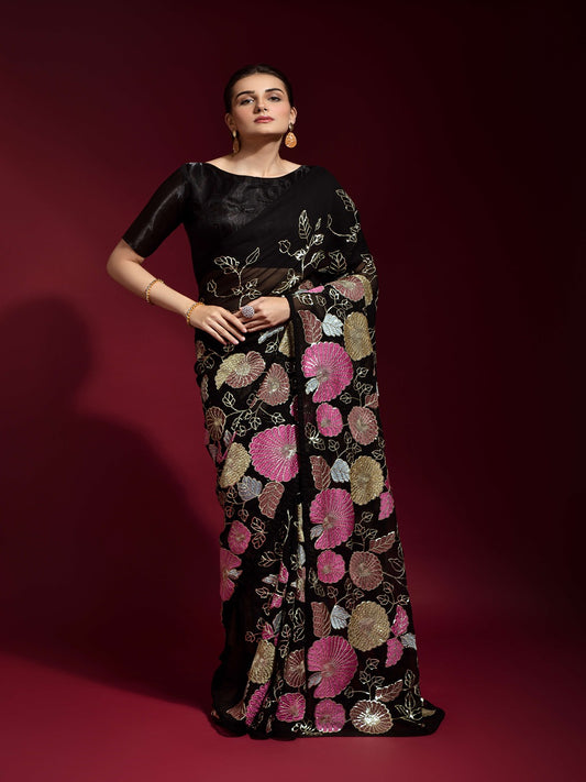 Gulabo Black Georgette Saree with Multicolor Thread & Sequin Floral Embroidery