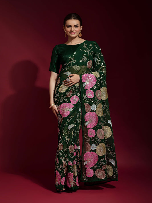Gulabo Green Georgette Saree with Multicolor Thread & Sequin Floral Embroidery