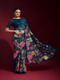 Gulabo Petrol Blue Georgette Saree with Multicolor Thread & Sequin Floral Embroidery