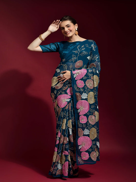 Gulabo Petrol Blue Georgette Saree with Multicolor Thread & Sequin Floral Embroidery
