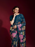 Gulabo Petrol Blue Georgette Saree with Multicolor Thread & Sequin Floral Embroidery