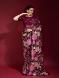 Gulabo Wine Georgette Saree with Multicolor Thread & Sequin Floral Embroidery