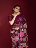 Gulabo Wine Georgette Saree with Multicolor Thread & Sequin Floral Embroidery
