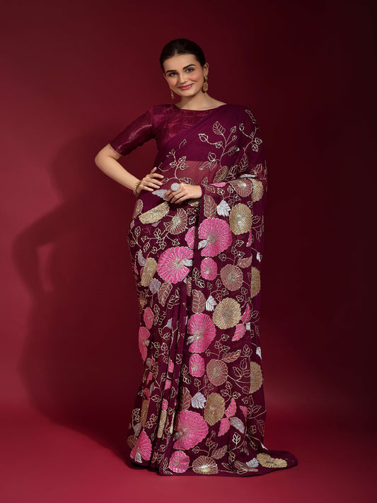 Gulabo Wine Georgette Saree with Multicolor Thread & Sequin Floral Embroidery