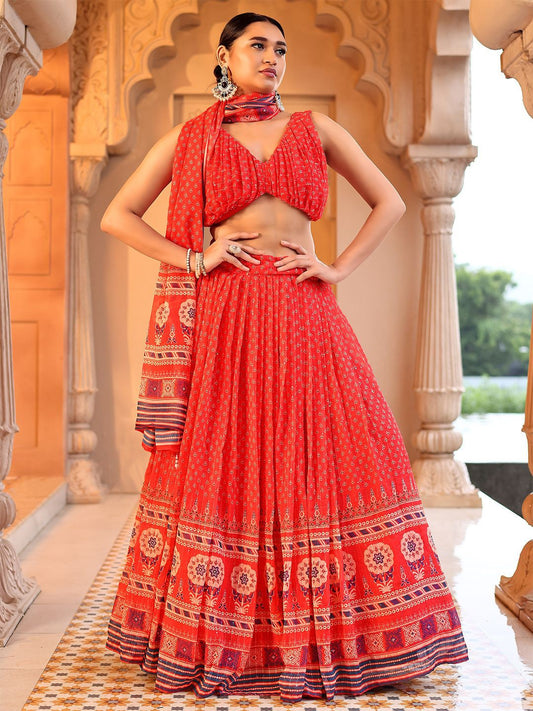 Tara Red Printed Lehenga Set with Twist Knot Blouse and Dupatta