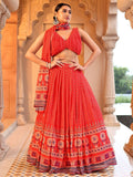 Tara Red Printed Lehenga Set with Twist Knot Blouse and Dupatta