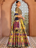 Vibrant Yellow Brocade Lehenga with Designer Blouse & Navy Dupatta