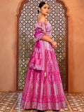 Magenta & Lavender Ajrakh Print Lehenga Set with Puff Sleeve Blouse