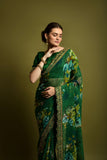 Green Floral Georgette Saree with Golden Embroidered Border