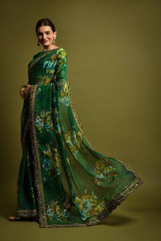 Green Floral Georgette Saree with Golden Embroidered Border