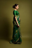 Green Floral Georgette Saree with Golden Embroidered Border