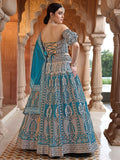 Teal Blue Ajrakh Print Lehenga Set with Puff Sleeve Blouse