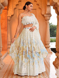 Ivory Gold Floral Lehenga Set with Mirror Work and Spaghetti Strap Blouse