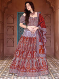 Rust & Lavender Ajrakh Print Lehenga Set with Puff Sleeve Blouse