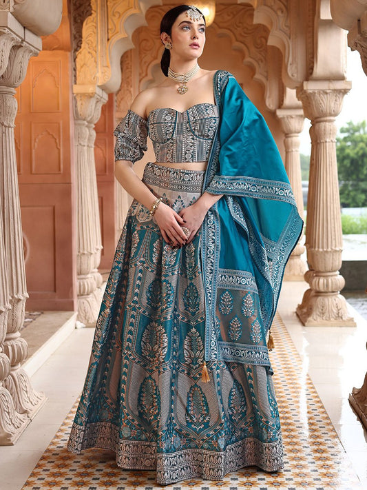 Teal Blue Ajrakh Print Lehenga Set with Puff Sleeve Blouse