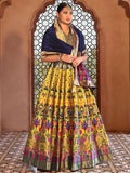 Vibrant Yellow Brocade Lehenga with Designer Blouse & Navy Dupatta