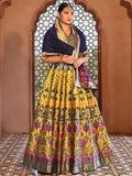 Vibrant Yellow Brocade Lehenga with Designer Blouse & Navy Dupatta