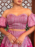 Magenta & Lavender Ajrakh Print Lehenga Set with Puff Sleeve Blouse