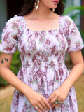Lavender Floral Smocked Midi Dress with Ruffle Hem – Blossom Belle Edition
