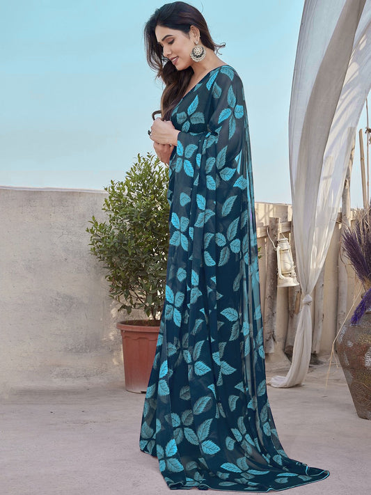 Teal Floral Leaf Print Georgette Saree | Lightweight Soft Designer Party Wear Saree | Ethnic Festive & Casual Printed Saree