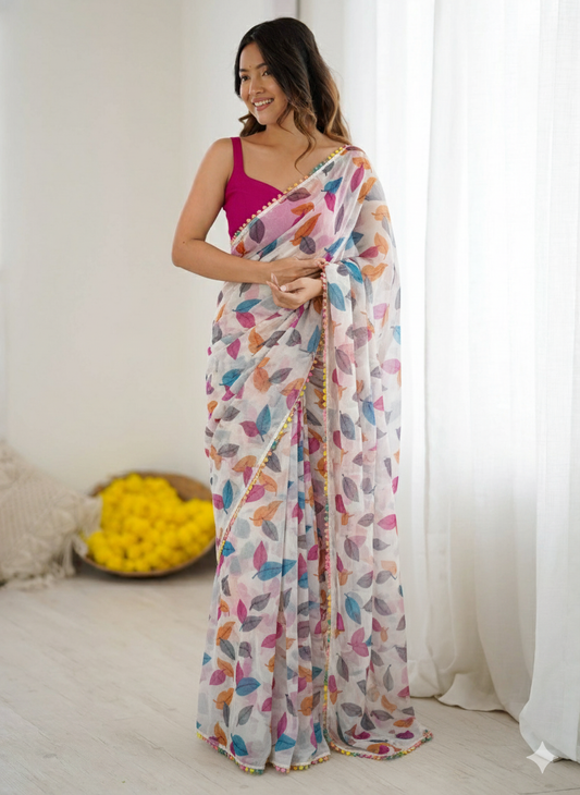 Multicolor Printed Chiffon Saree with Pink Blouse, Lightweight Designer Saree, Party Wear Saree for Women, Elegant Ethnic Saree Set