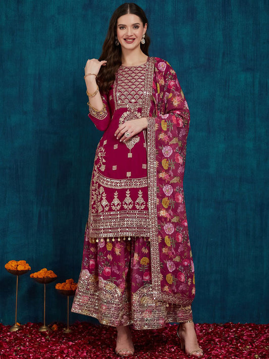 Pink Floral Embroidered Kurta Palazzo Set with Dupatta
