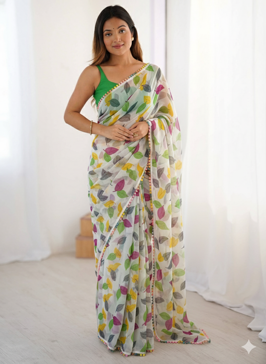 Multicolor Printed Chiffon Saree with Green Blouse, Lightweight Designer Saree, Party Wear Saree for Women, Elegant Ethnic Saree Set