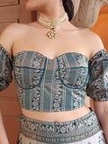 Teal Blue Ajrakh Print Lehenga Set with Puff Sleeve Blouse