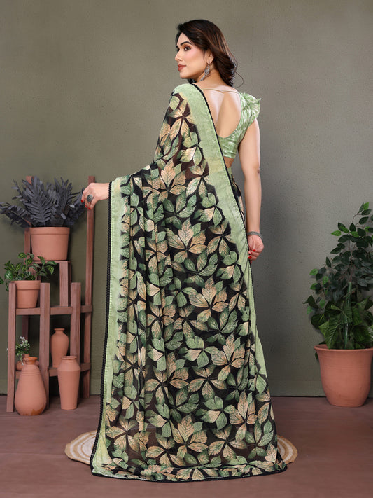 Green Botanical Print Saree by Glanzavi – Stylish Everyday & Occasion Wear