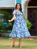 Blue Floral Smocked Midi Dress with Ruffle Hem – Ocean Bloom Edition