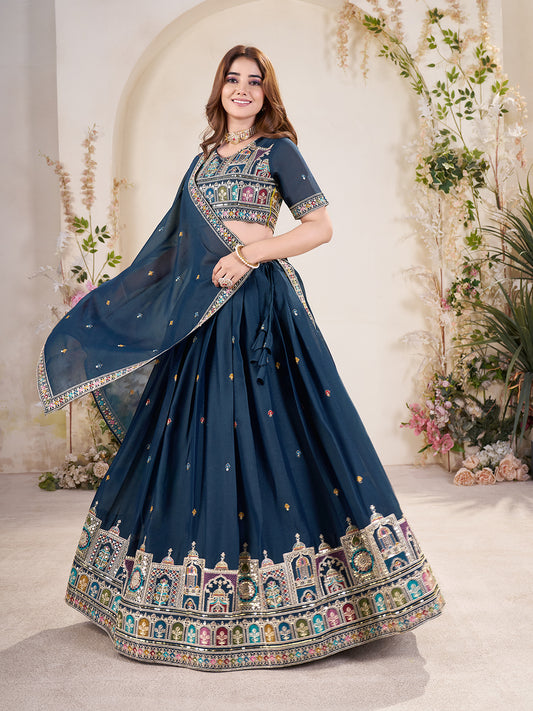 Navy Blue Embroidered Lehenga Choli Set with Dupatta