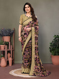 Glanzavi Black & Beige Leaf Print Saree with Designer Blouse – Elegant Party Wear