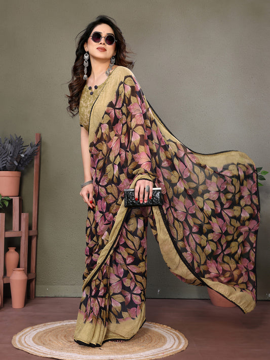 Glanzavi Black & Beige Leaf Print Saree with Designer Blouse – Elegant Party Wear