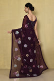 Wine Designer Georgette Saree with Heavy Sequin Floral Embroidery